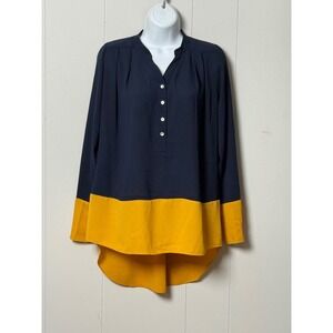 Gianni Bini Women's Navy Blue Mustard Yellow Colorblock High Low Blouse Size XS